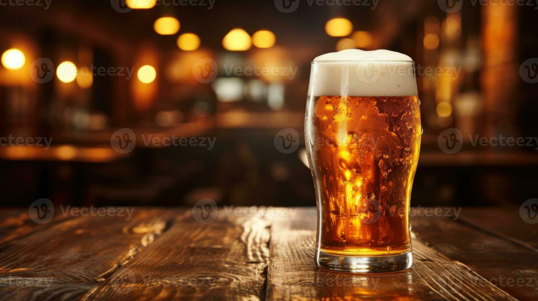 verre de Bière sur en bois table ai généré photo