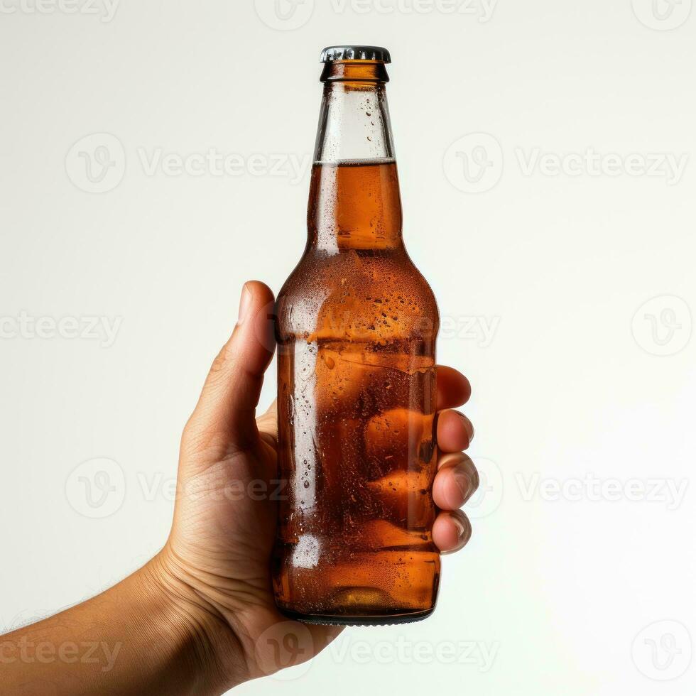 main en portant Bière isolé sur blanc Contexte ai généré photo