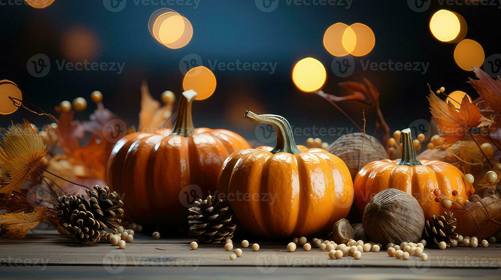 l'automne citrouille arrangement sur une bois Contexte par génératif ai photo