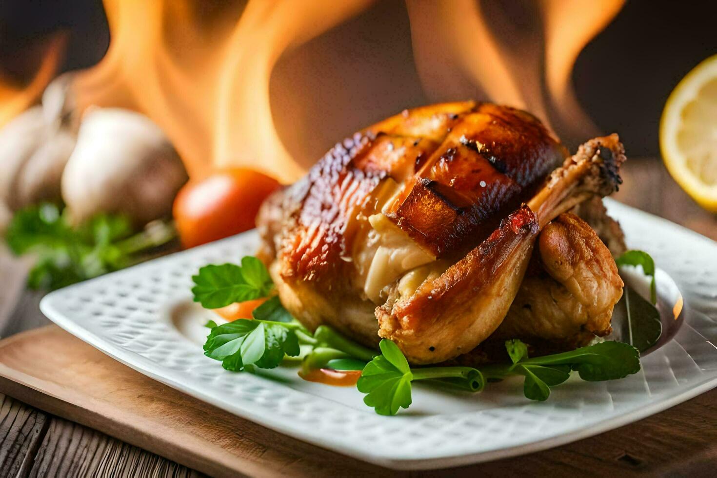 une rôti poulet sur une assiette avec citron et herbes. généré par ai photo