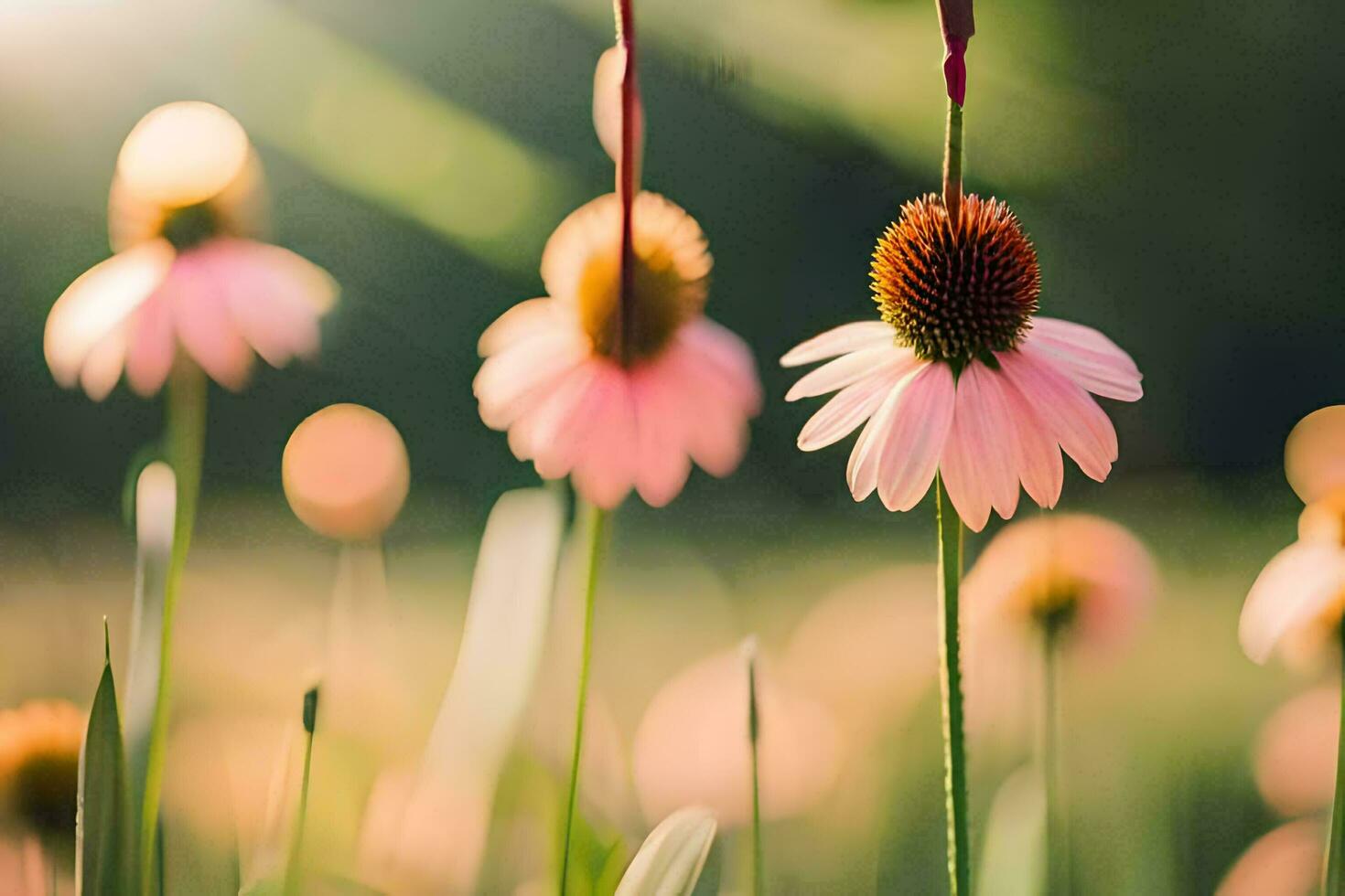 rose fleurs dans une champ avec lumière du soleil brillant à travers. généré par ai photo