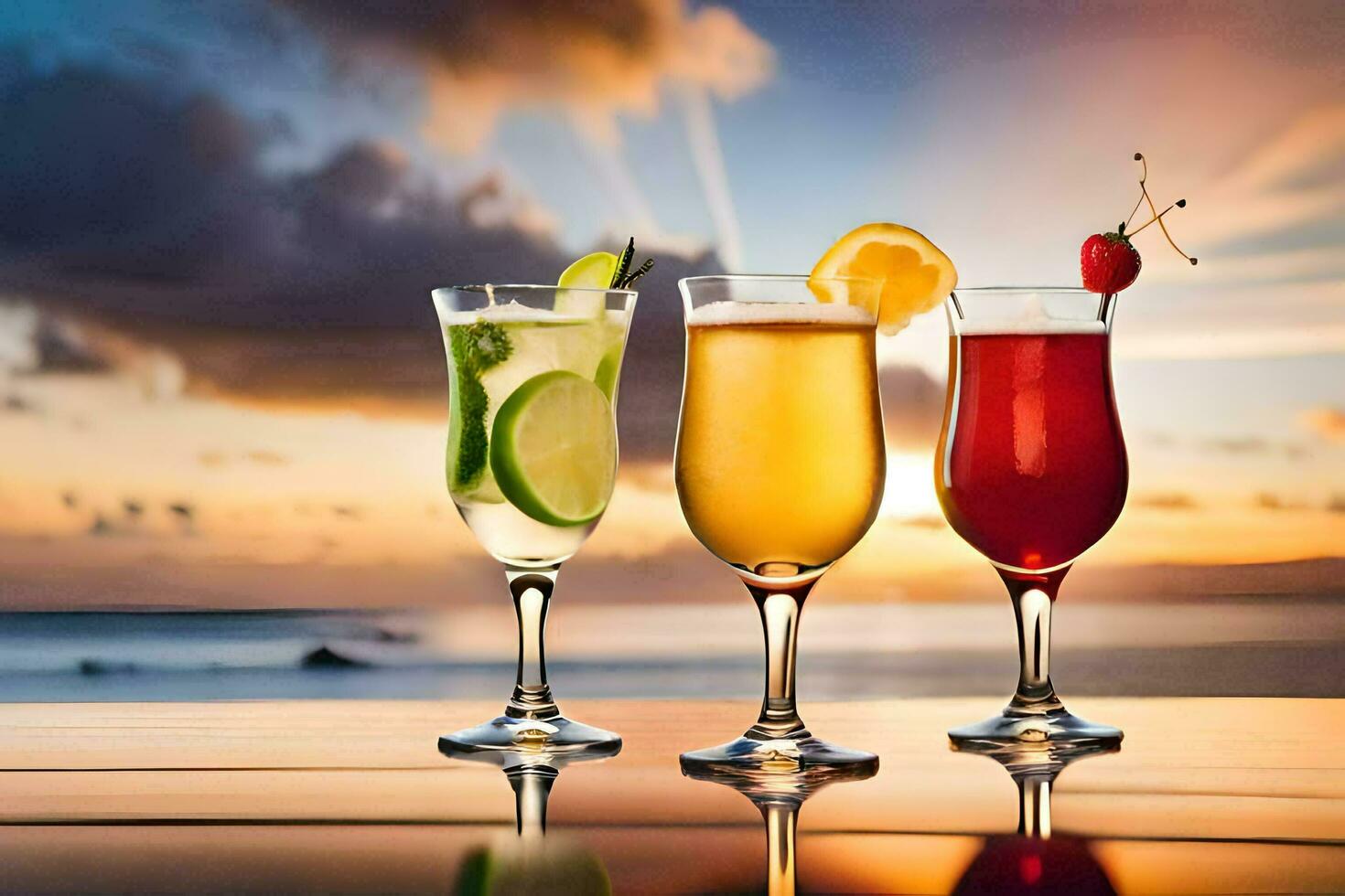 Trois des lunettes de des cocktails sur une table avec le coucher du soleil dans le Contexte. généré par ai photo