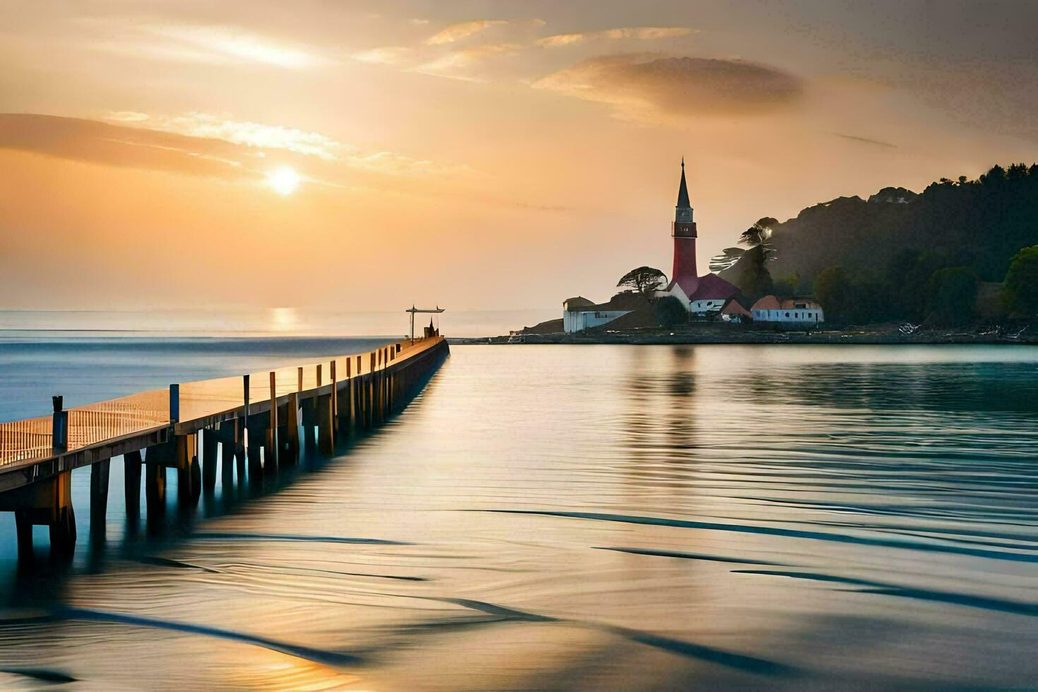 une jetée avec une église à le coucher du soleil. généré par ai photo