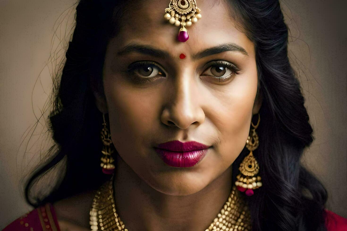 une magnifique Indien femme portant bijoux et se maquiller. généré par ai photo