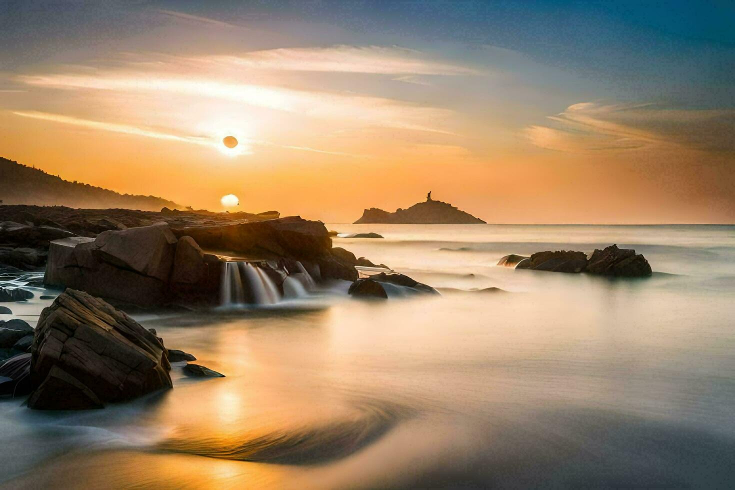 une le coucher du soleil plus de le océan avec rochers et l'eau. généré par ai photo