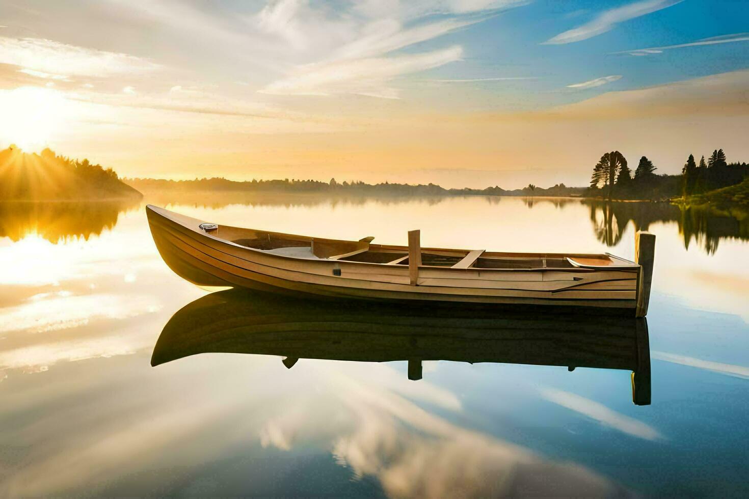 une bateau sur le Lac à le coucher du soleil. généré par ai photo