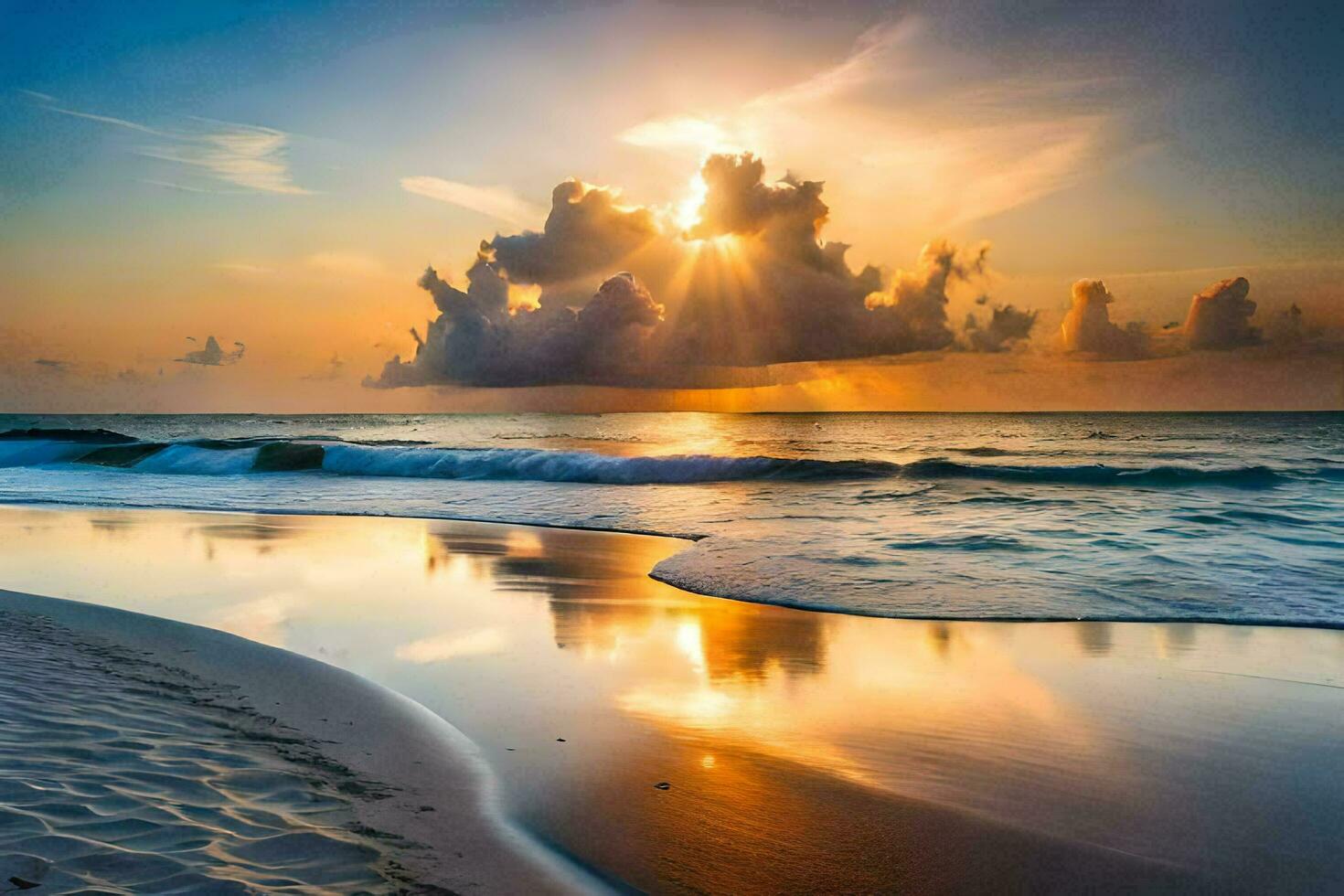 le Soleil monte plus de le océan et des nuages sur une plage. généré par ai photo