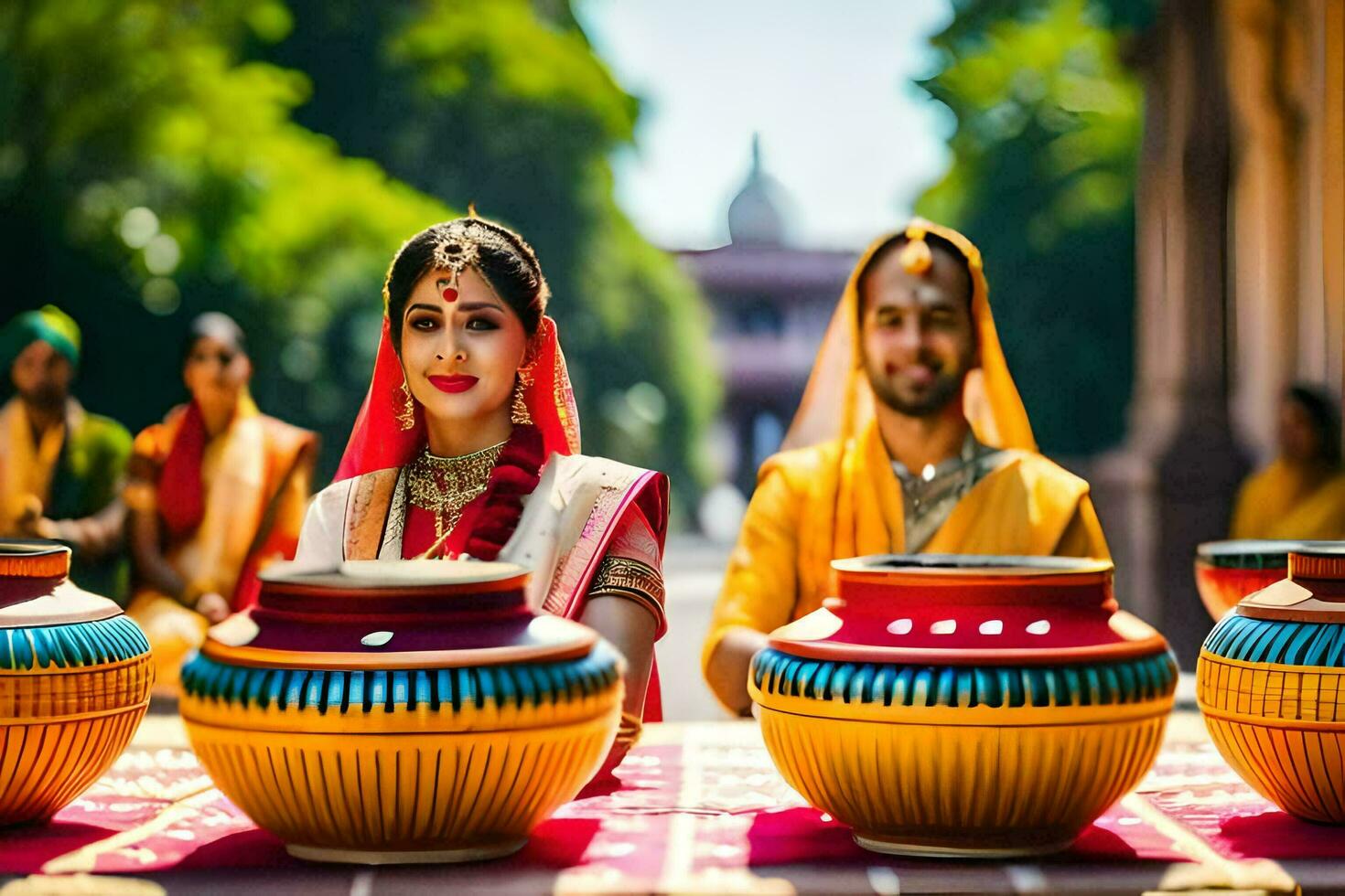 une la mariée et jeune marié dans traditionnel Indien tenue. généré par ai photo