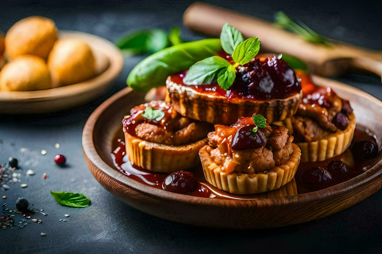 une assiette de mini tartes avec cerises et basilic. généré par ai photo