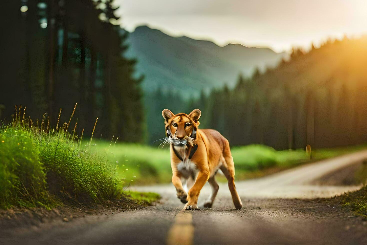 une tigre en marchant vers le bas une route dans le milieu de le forêt. généré par ai photo