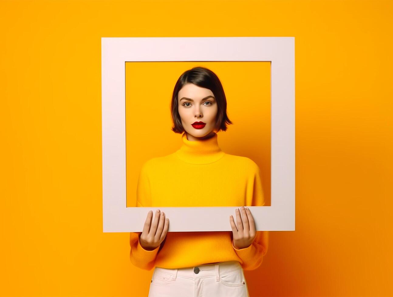 féminin mains en portant vide Cadre ai généré photo