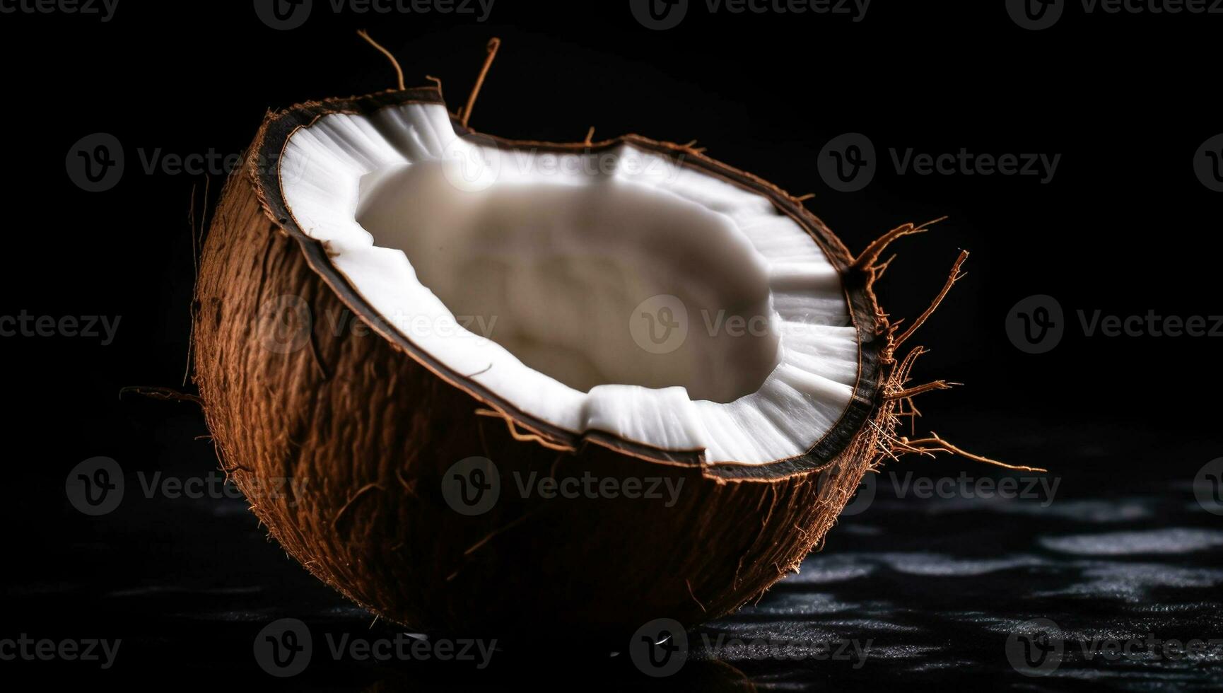 réaliste image de noix de coco sur noir Contexte. ai généré photo