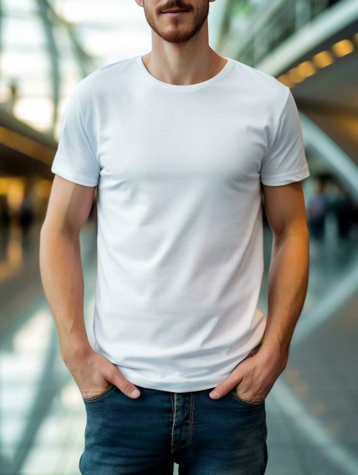 Hommes Vide blanc T-shirt pour maquette conception psd ai génératif photo