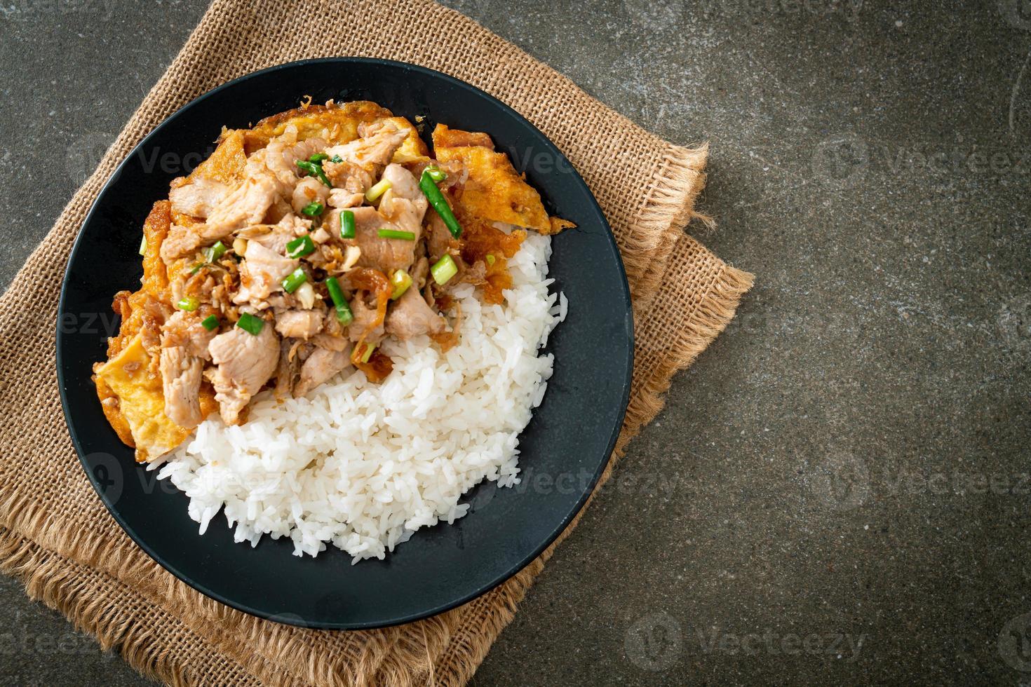 porc sauté à l'ail et œuf garni de riz - style cuisine asiatique photo