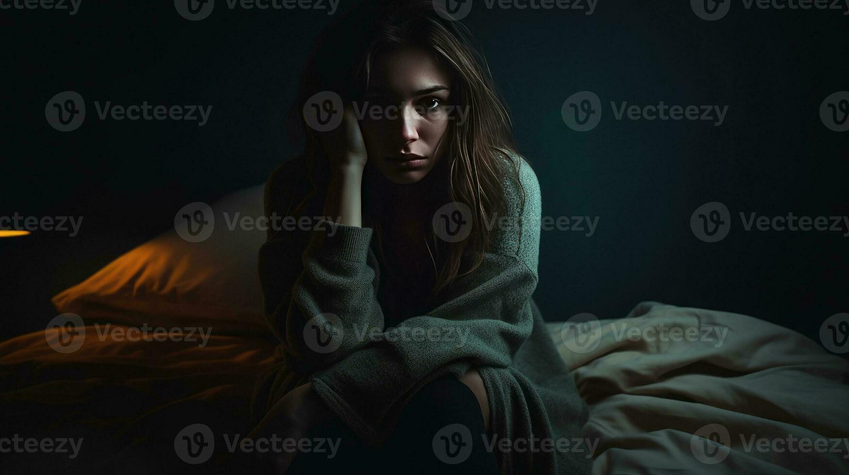 déprimé femme séance tête dans mains sur le lit dans le foncé chambre à coucher, solitaire et malheureux concept. génératif ai photo