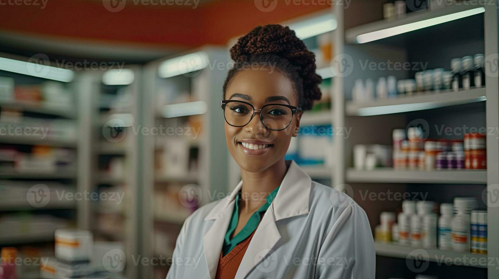 portrait de souriant africain médecin femme travail dans pharmacie avec numérique tablette. génératif ai photo