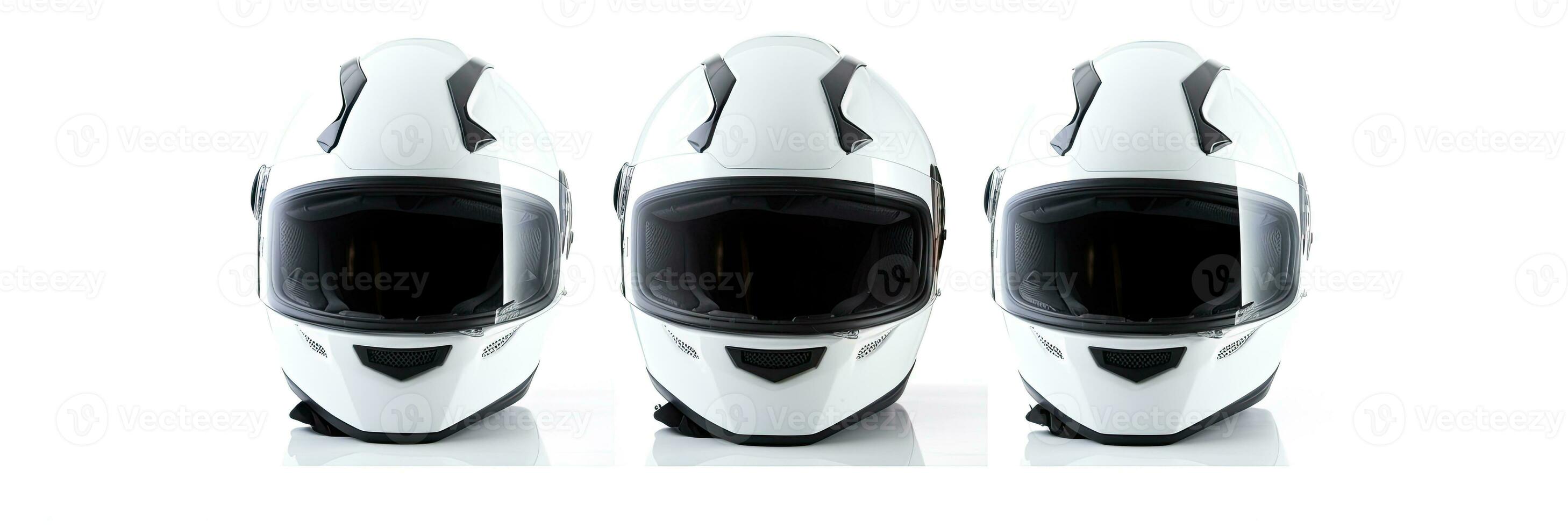 ensemble collection de blanc moto carbone intégral crash casque isolé sur blanc Contexte. génératif ai photo