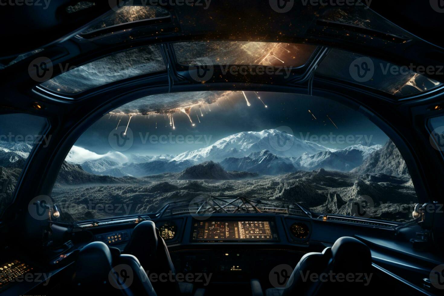 futuriste cockpit de vaisseau spatial contrôle système pièce avec planètes vue paysage, extérieur espace, astronaute. planète horizon, ai génératif photo