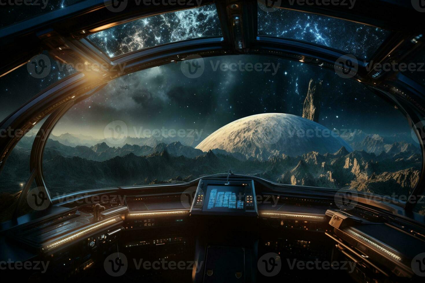 futuriste cockpit de vaisseau spatial contrôle système pièce avec planètes vue paysage, extérieur espace, astronaute. planète horizon, ai génératif photo