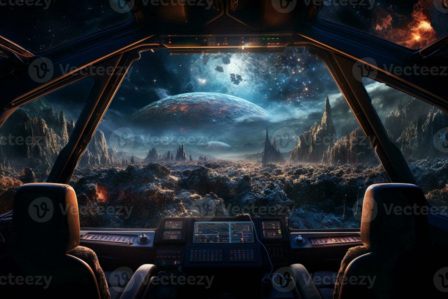 futuriste cockpit de vaisseau spatial contrôle système pièce avec planètes vue paysage, extérieur espace, astronaute. planète horizon, ai génératif photo