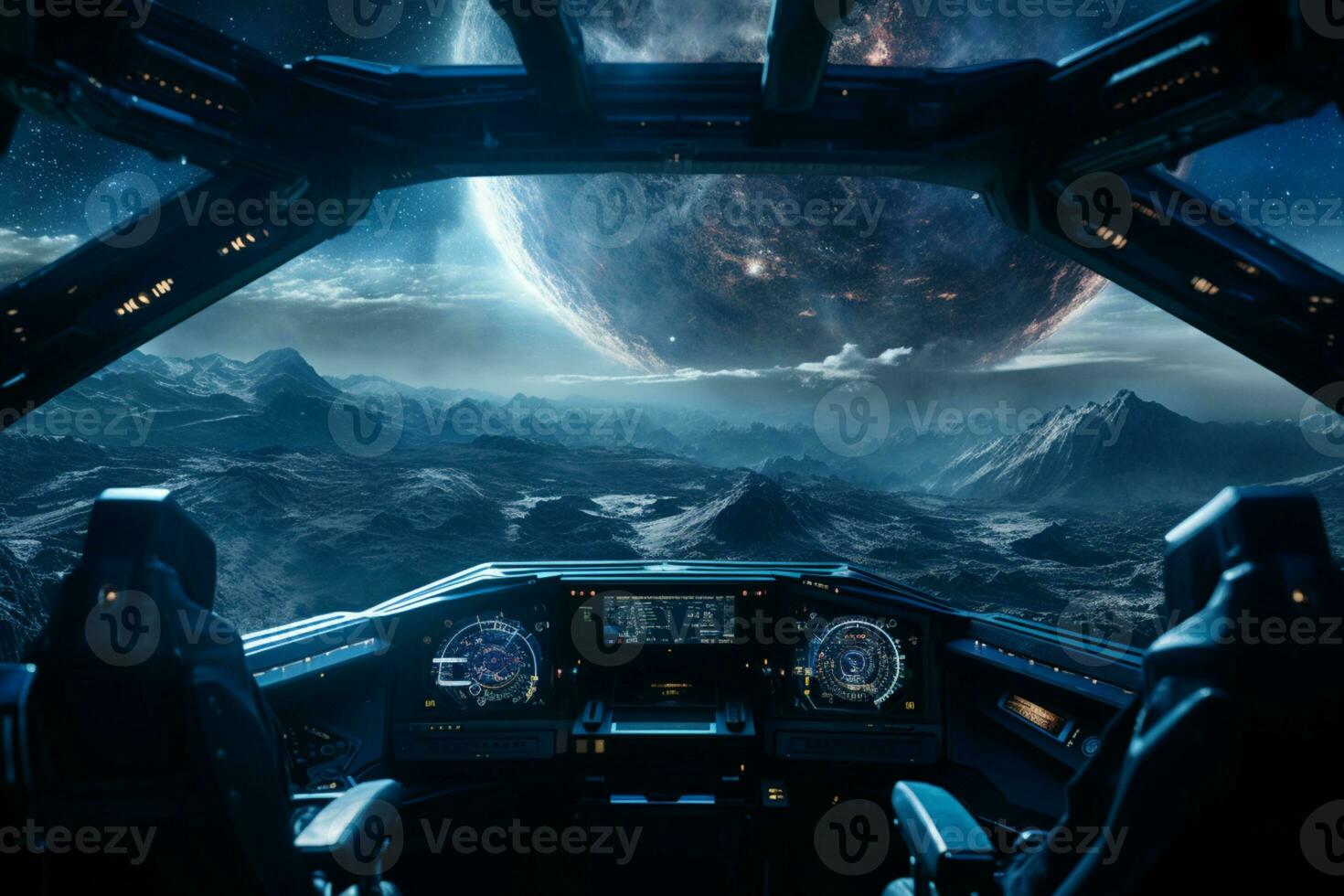 futuriste cockpit de vaisseau spatial contrôle système pièce avec planètes vue paysage, extérieur espace, astronaute. planète horizon, ai génératif photo