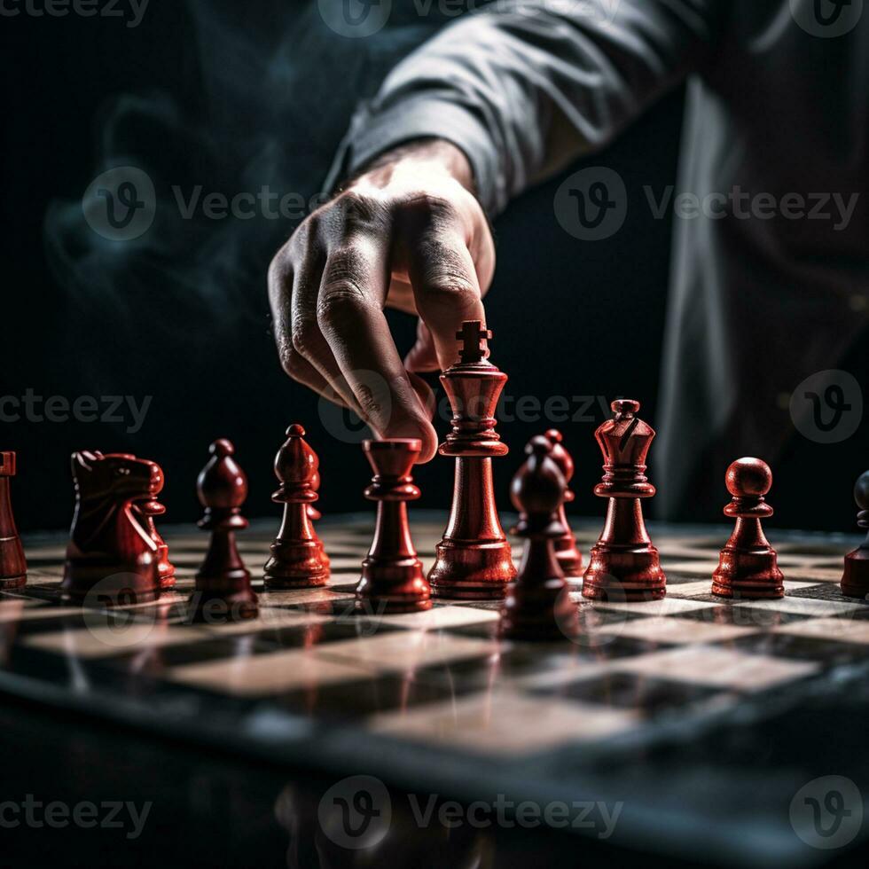 main de homme d'affaire en jouant une Jeu de échecs, stratégie planche jeu, problème résoudre, risque gestion., ai génératif photo