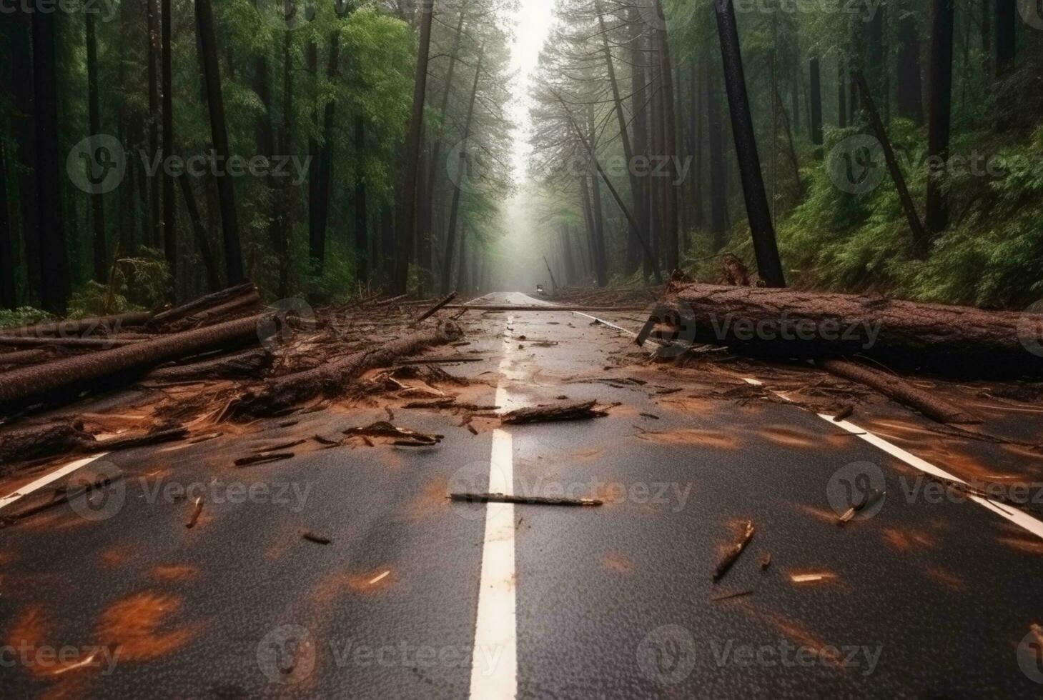 vue de un asphalte route dans le milieu de une forêt avec des arbres s'effondrer dû à une Naturel catastrophe. génératif ai photo