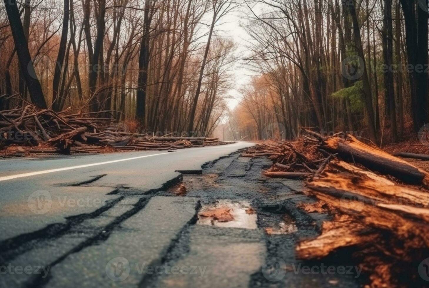 vue de un asphalte route dans le milieu de une forêt avec des arbres s'effondrer dû à une Naturel catastrophe. génératif ai photo