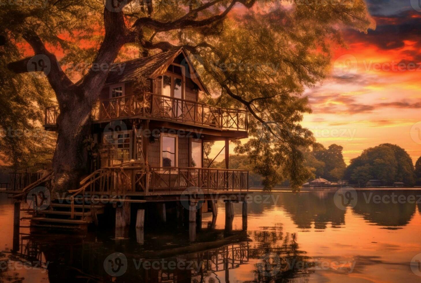 vue de arbre maison sur Lac avec le coucher du soleil beauté. génératif ai photo