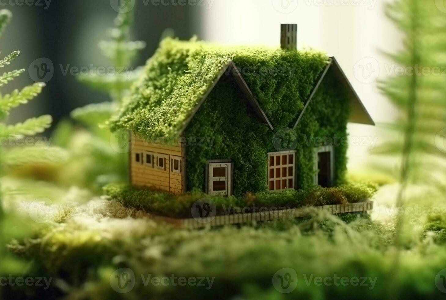 éco amical maison dans mousse dans le jardin. miniature en bois maison dans printemps herbe. maison dans ensoleillé herbe. génératif ai photo