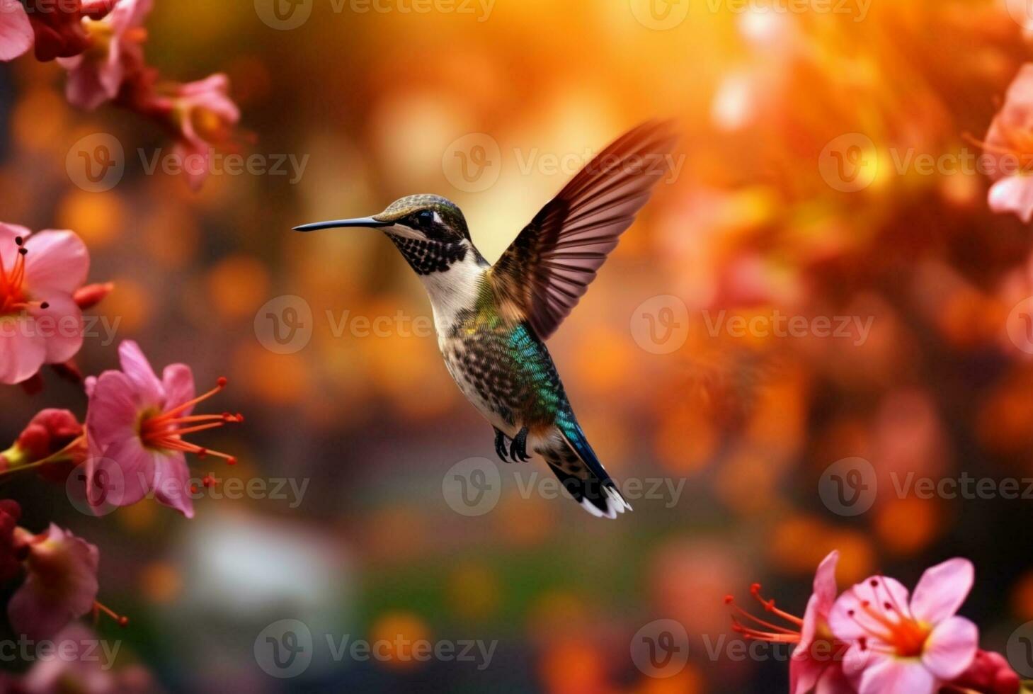 bourdonnement oiseau planant plus de coloré, pollen rempli fleurs. génératif ai photo