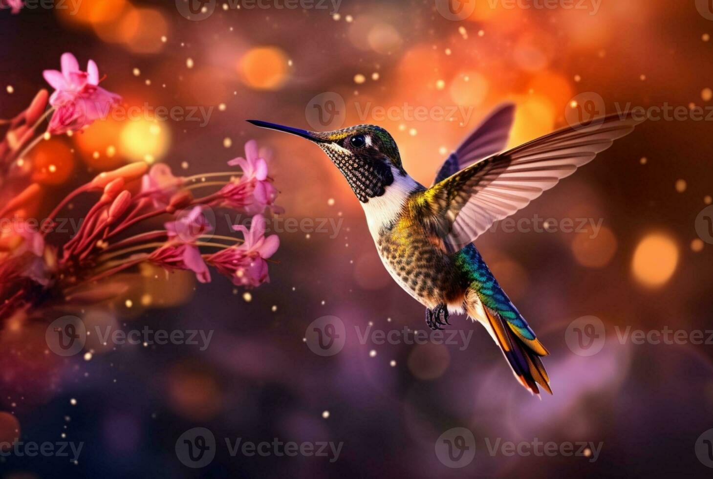 bourdonnement oiseau planant plus de coloré, pollen rempli fleurs. génératif ai photo