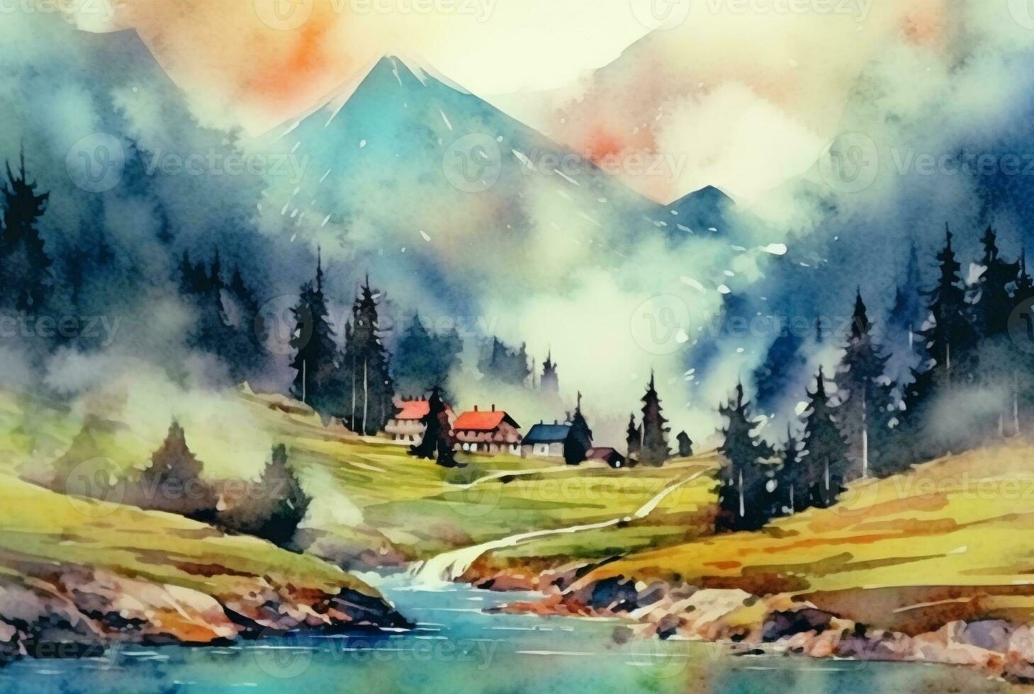 paysage aquarelle Contexte. génératif ai photo