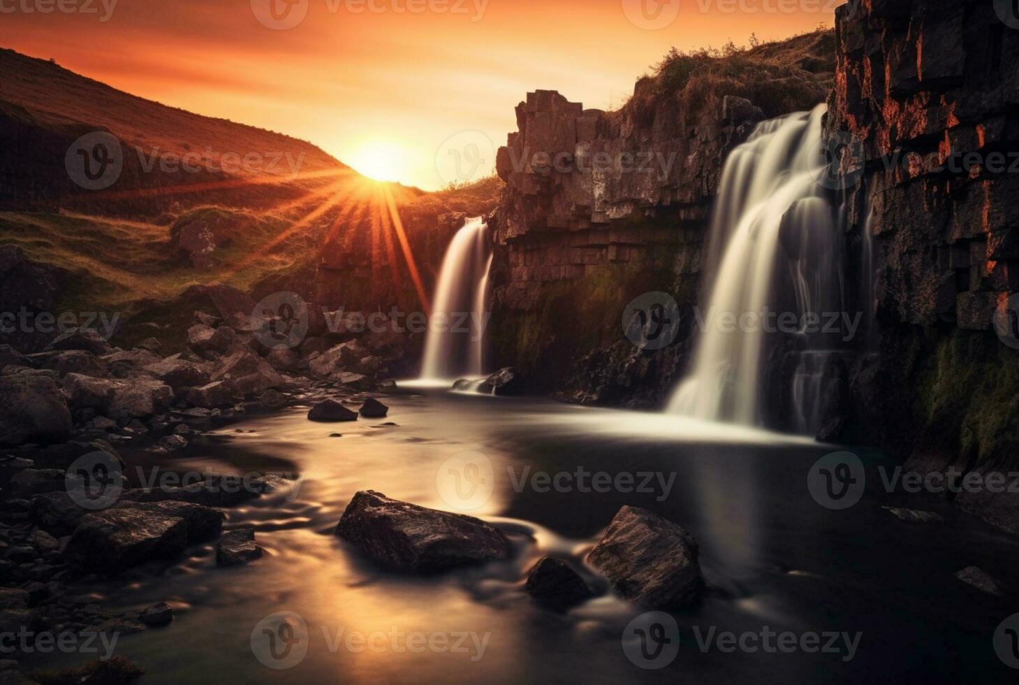 le beauté de le cascade avec le lever du soleil dans le matin, longue exposition. génératif ai photo