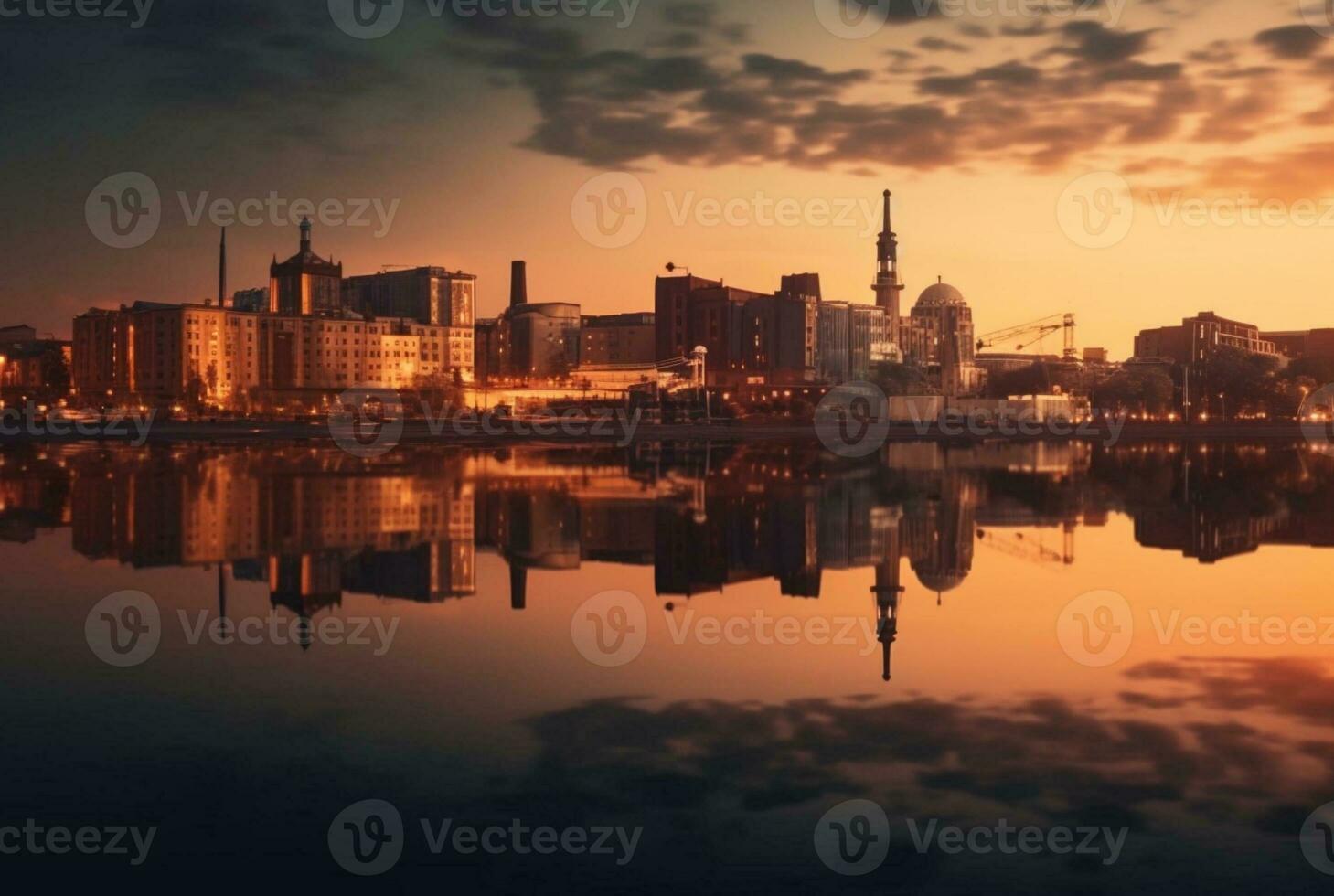 vue de ville de à travers rivière avec réflexion, longue exposition. génératif ai photo