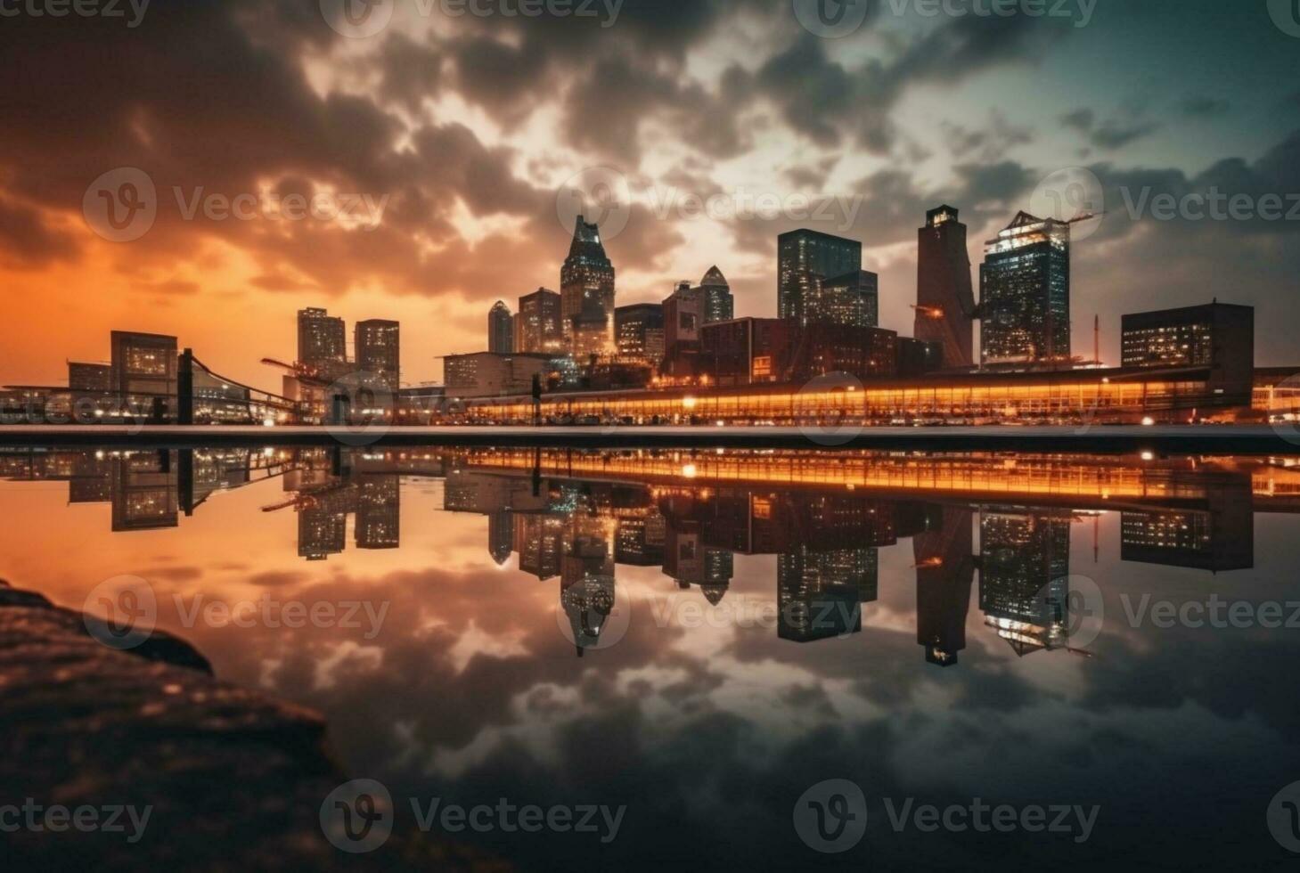 vue de ville de à travers rivière avec réflexion, longue exposition. génératif ai photo