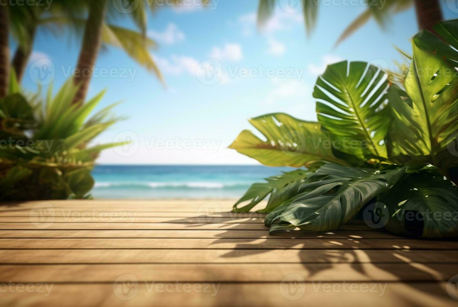 en bois table avec tropical feuilles et flou Contexte de plage et Soleil lumière. prêt pour produit afficher. génératif ai photo