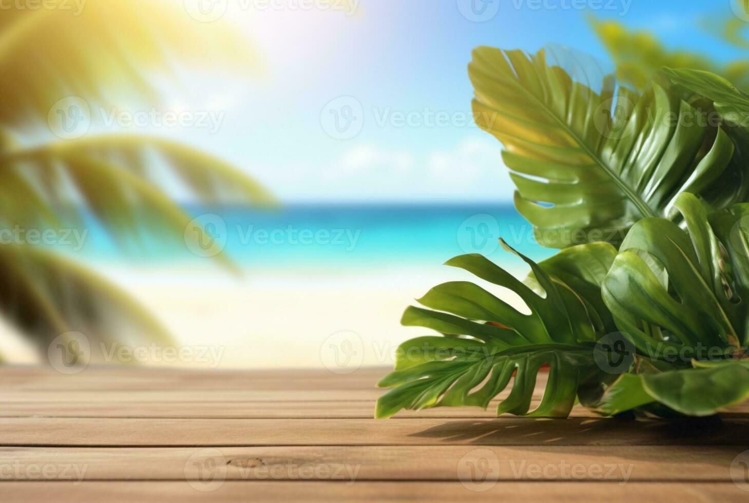 en bois table avec tropical feuilles et flou Contexte de plage et Soleil lumière. prêt pour produit afficher. génératif ai photo