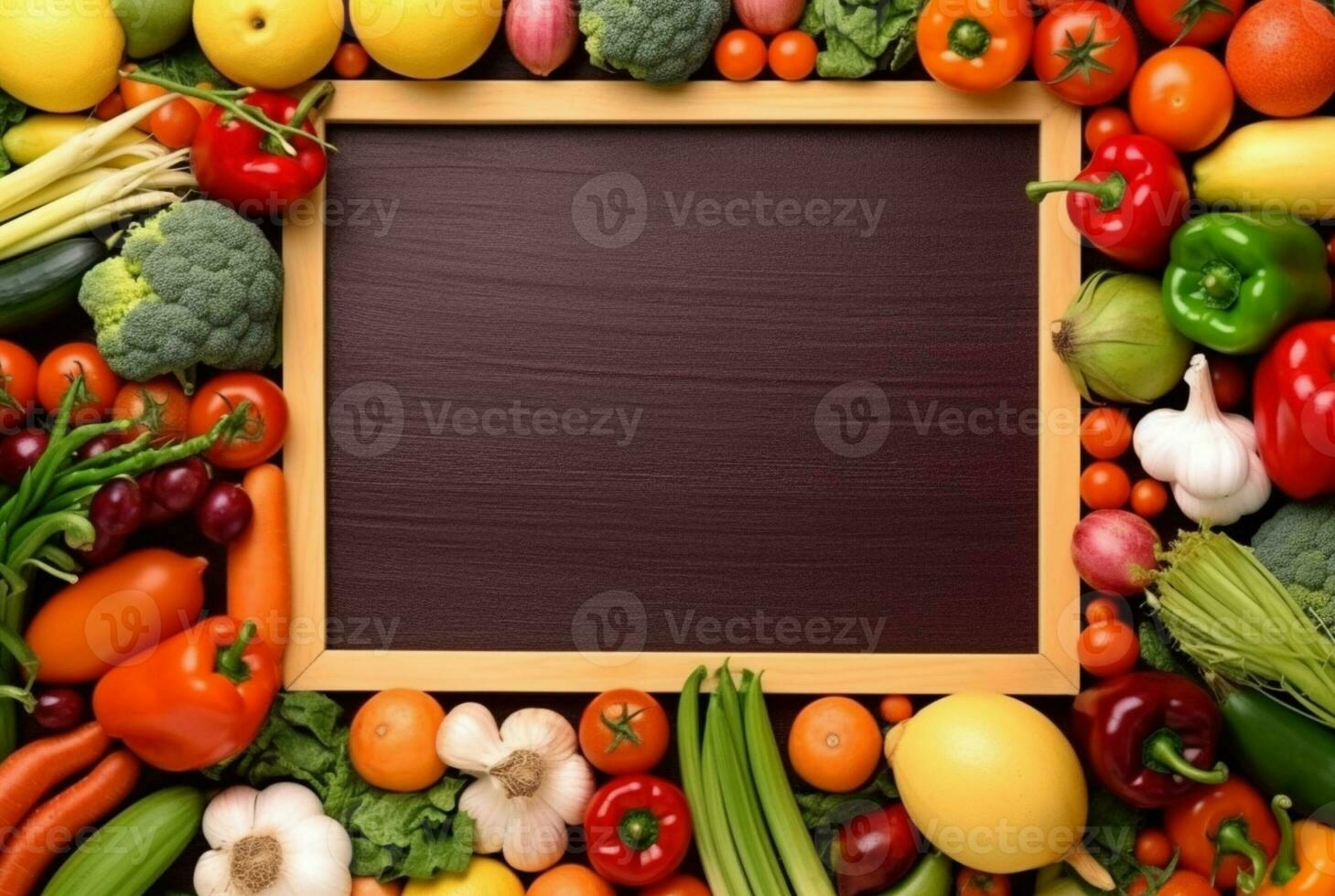 Haut vue de vide Cadre au milieu de Frais des légumes et des fruits. génératif ai photo