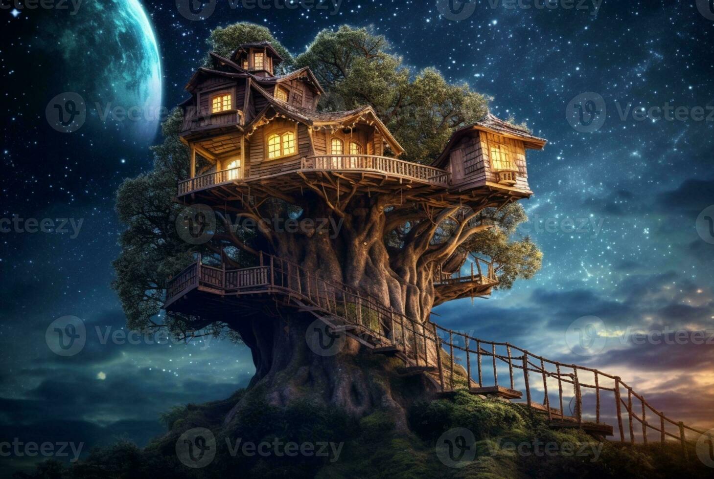 arbre maison avec une magnifique vue de le ciel à nuit. génératif ai photo
