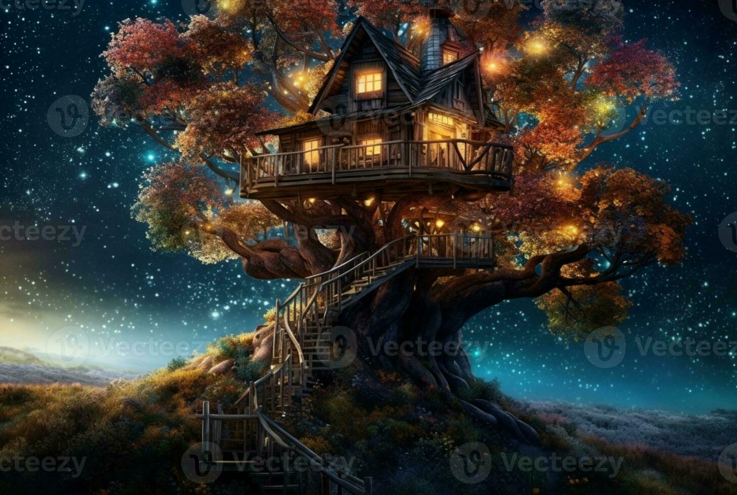 arbre maison avec une magnifique vue de le ciel à nuit. génératif ai photo