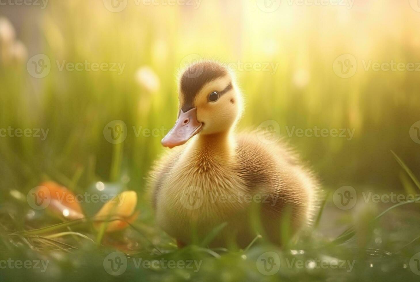 mignonne canetons dans le jardin avec flou Contexte et lumière du soleil. génératif ai photo