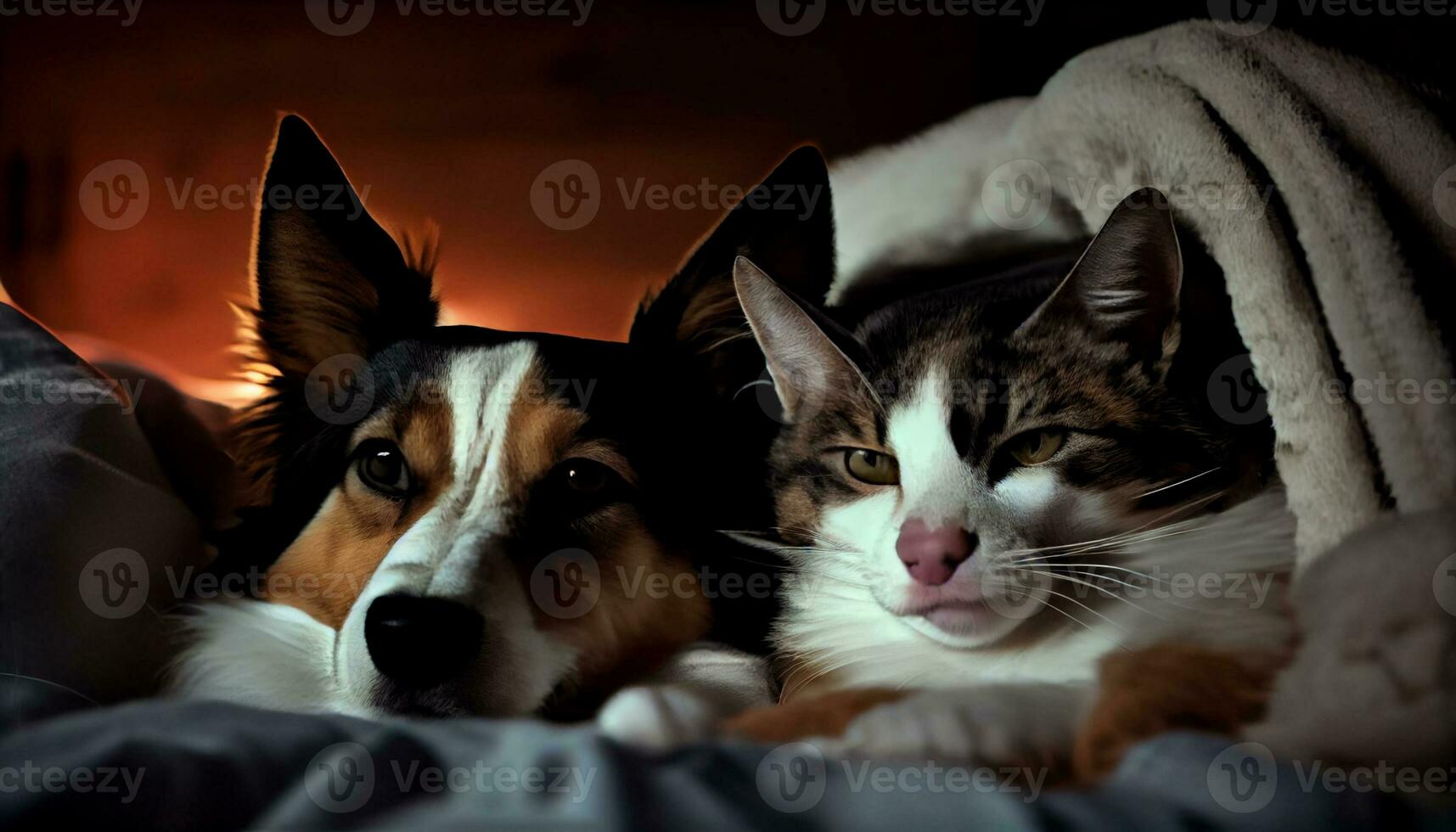 génératif ai, velu meilleur copains une chat et chien caresse en haut sur une confortable lit photo