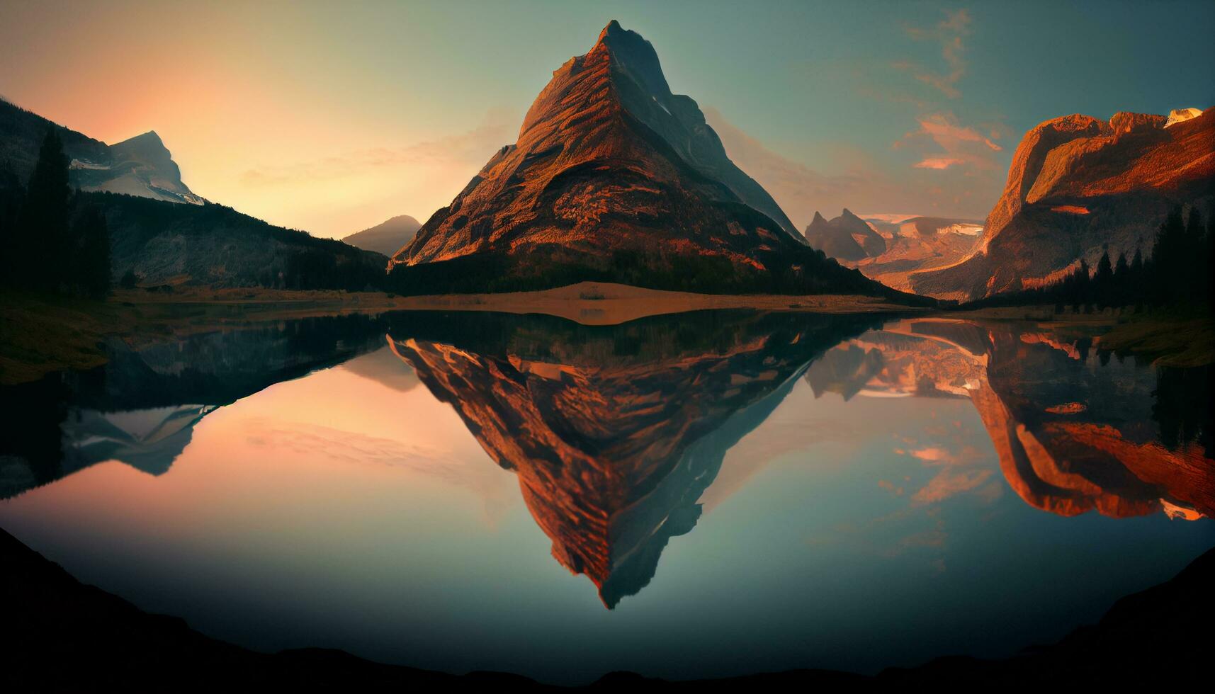 génératif ai, reflets à le coucher du soleil une Montagne Lac mirage photo