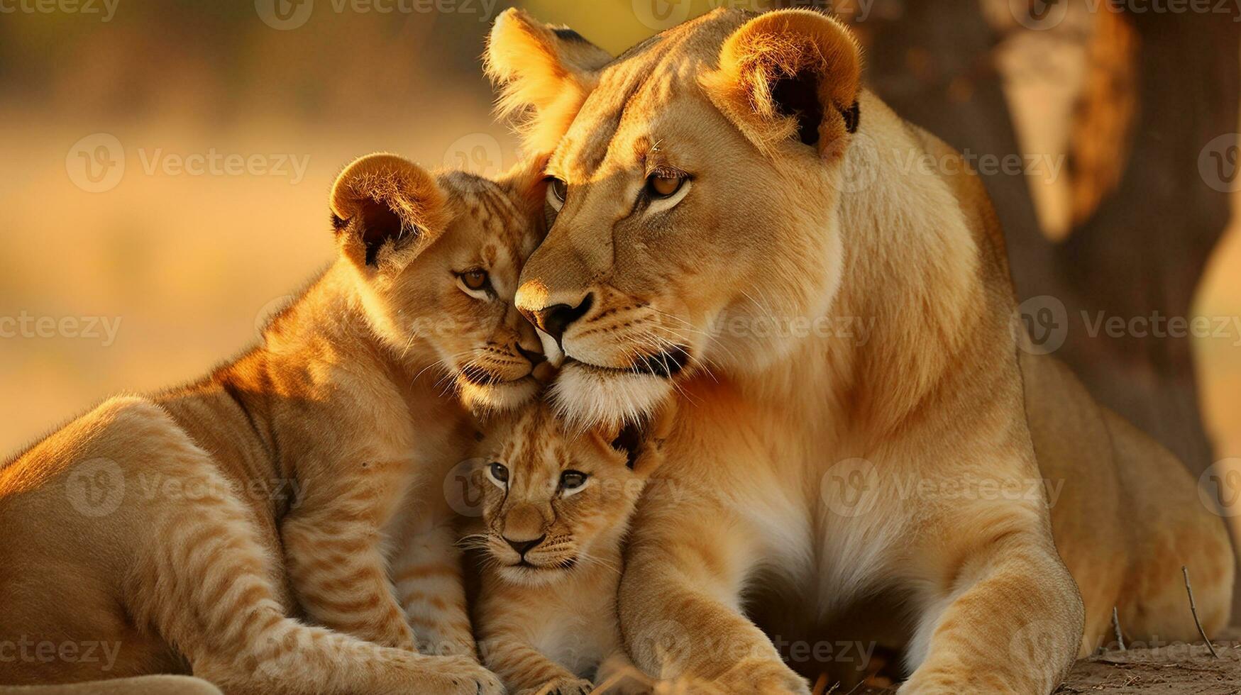 nourrir l'amour une de lionne doux se soucier pour sa petits, ai génératif photo