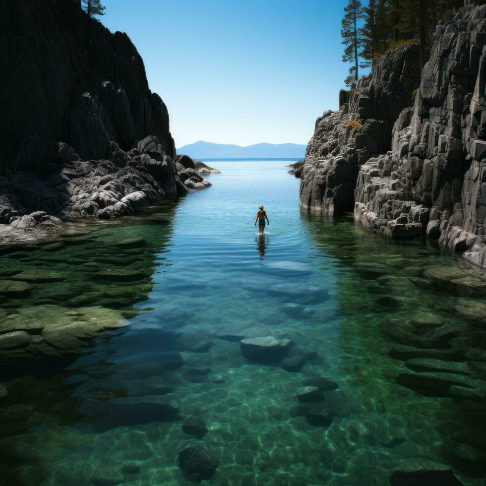 une serein coup de une seul nageur dans une clair comme de l'eau de roche bassin photo