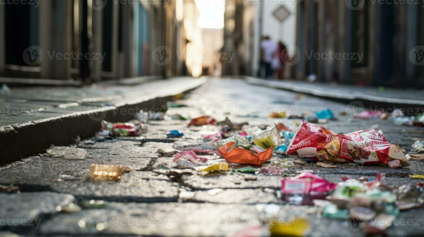 jonché des rues avec bonbons emballages. génératif ai photo