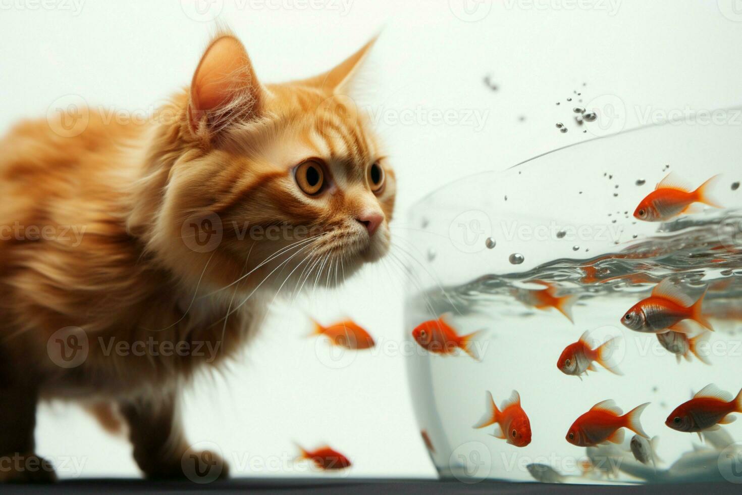 une espiègle rouge chat jouit ciselure une or décoratif poisson dans une rond aquarium ai généré photo