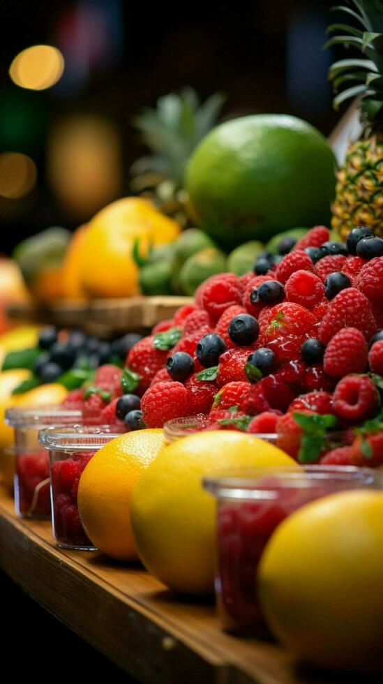 marchés prime détaillé coup Caractéristiques Frais fruit tranches présenté dans la boqueria, Barcelone verticale mobile fond d'écran ai généré photo