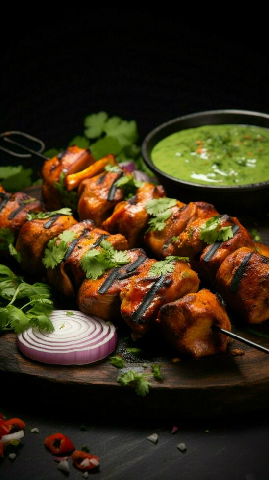 pimenter infusé délice Indien poulet tikka brochettes, mariné, rôti, avec vert chutney et oignons verticale mobile fond d'écran ai généré photo